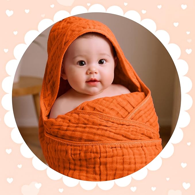 Peryiter 4 Pcs Muslin Hooded Baby Towels 32x32inch Cotton Newborn Bath Essentials Muslin Infant Blankets Absorbent Registry Baby Shower Present for Babies Girl Boy Kids (Rainbow Colors)
