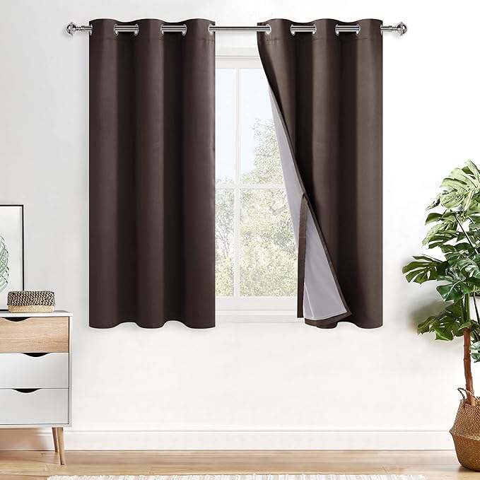XWZO 100% Blackout Curtains 54 Inches Long with Tiebacks- Thermal Insulated & Energy Efficiency Window Draperies Grommet Top with Black Liner for Basement, Brown, W38 x L54, Set of 2