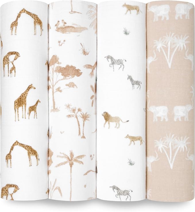 aden + anais Boutique Organic Swaddle Blanket 4-Pack – 100% Organic Cotton Muslin, Large, Soft, Breathable Receiving Blankets for Infants – Lightweight Multi-Use Baby Swaddles, Safari Dreams
