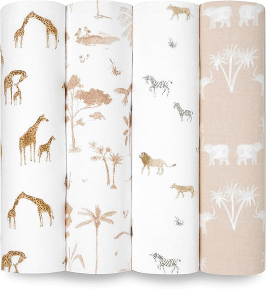aden + anais Boutique Organic Swaddle Blanket 4-Pack – 100% Organic Cotton Muslin, Large, Soft, Breathable Receiving Blankets for Infants – Lightweight Multi-Use Baby Swaddles, Safari Dreams
