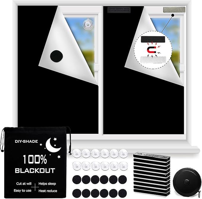 Magnetic Blackout Blind,100% Portable Blackout Curtain for Bedroom,No Drill Window Shades,DIY Cut Black Out Window Cover with Suction Cups and Magnetic Closure,2 Way to Put Up (118" x 57")
