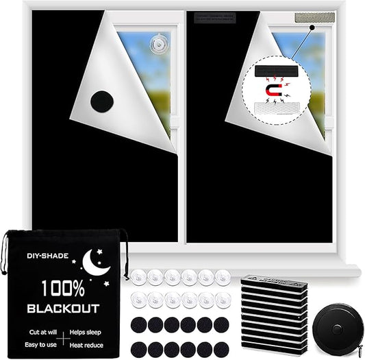 Magnetic Blackout Blind,100% Portable Blackout Curtain for Bedroom,No Drill Window Shades,DIY Cut Black Out Window Cover with Suction Cups and Magnetic Closure,2 Way to Put Up (118" x 57")