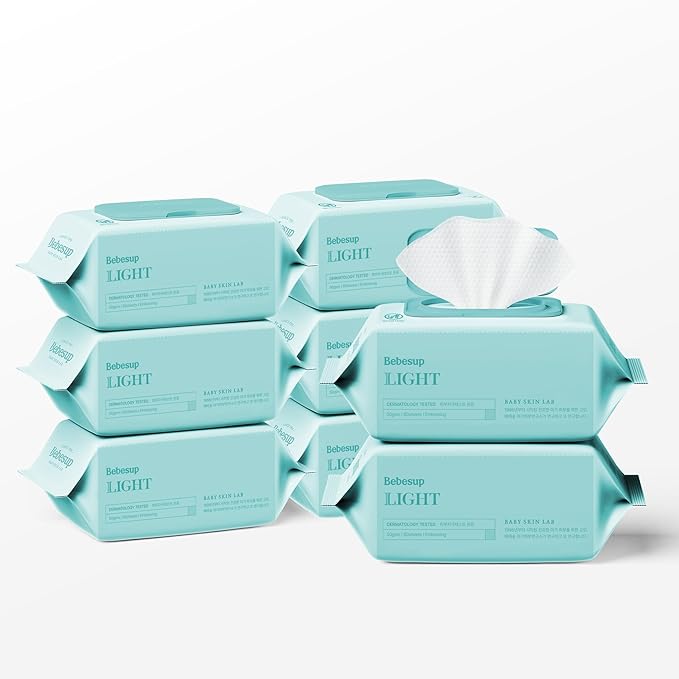 BEBESUP- Korea's #1 Light Baby Wipes, Safe even for Atopic Skin Hypoallergenic Water-Based Unscented Alcohol & Paraben-Free Organic Flip-Top Plant Based Organic Baby Wipes (640 Count 8 Packs)