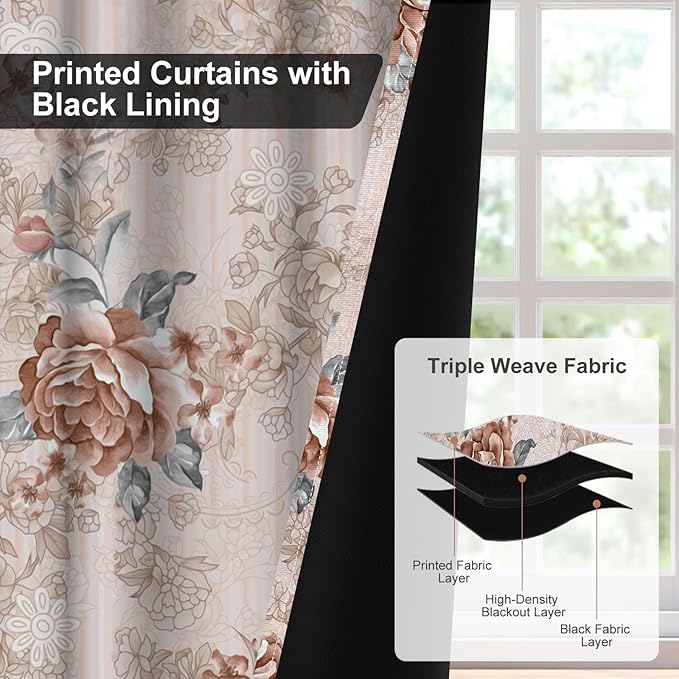Blackout Curtains for Bedroom 84 Inch Length 2 Panels Set, Beige Pink Floral Black Out Curtains for Girls Room Darkening, Light Filtering Soundproof Grommet Thermal Winter Curtains for Living Room