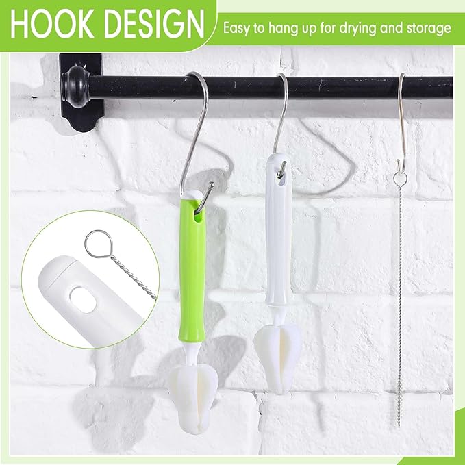 Willinglong 22 Pcs Sponge Bottle Nipple Brushes Set Including 12 Pcs Bottle Sponge Brush Heads 6 Interchangeable Nipple Brush Handles and 4 Long Straw Brushes for Baby Bottles (White and Green Handle)