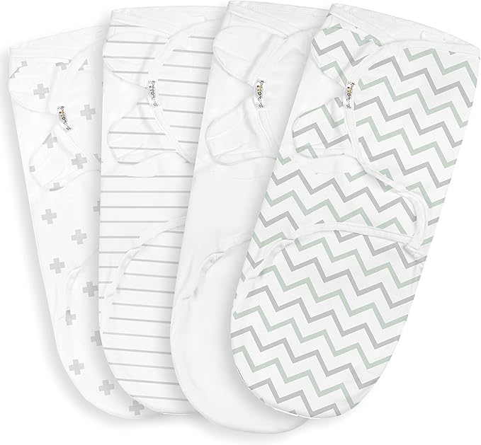 BaeBae Goods Swaddle Blanket, Adjustable Infant Baby Swaddling Wrap Set of 4, Baby Swaddling Wrap Blankets for Boys and Girls Made in Soft Cotton (0-3 Months, Grey/Green Chevron)