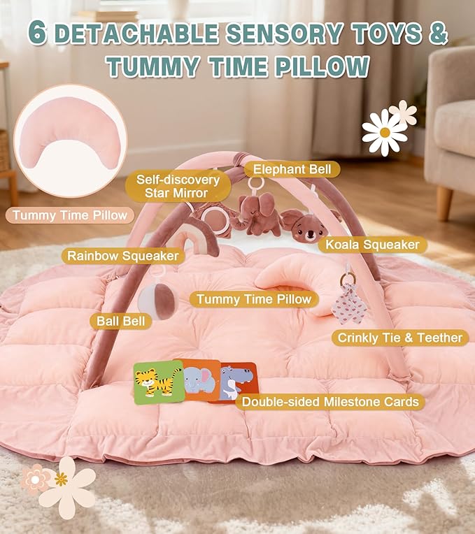 5-in-1 Baby Play Gym and Tummy Time Mat, Tummy Time Pillow & 12 Learning Cards, Plush Activity Mat with 6 Toys, Baby Gym, Convertible to Ball Pit, Baby Gift, Pink