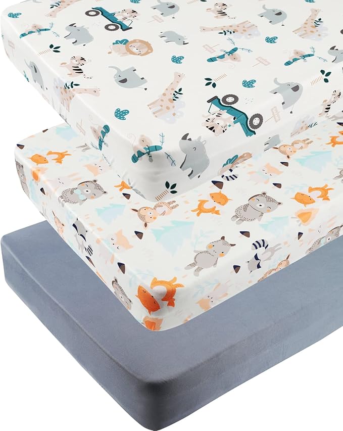 Pack n Play Sheet Stretchy Fitted Portable Mini Crib Sheets Set 3 Pack,Playard Sheets Convertible Playard Mattress Cover,Ultra Soft Jersey Material,Elephant Tiger,Fox & Grey