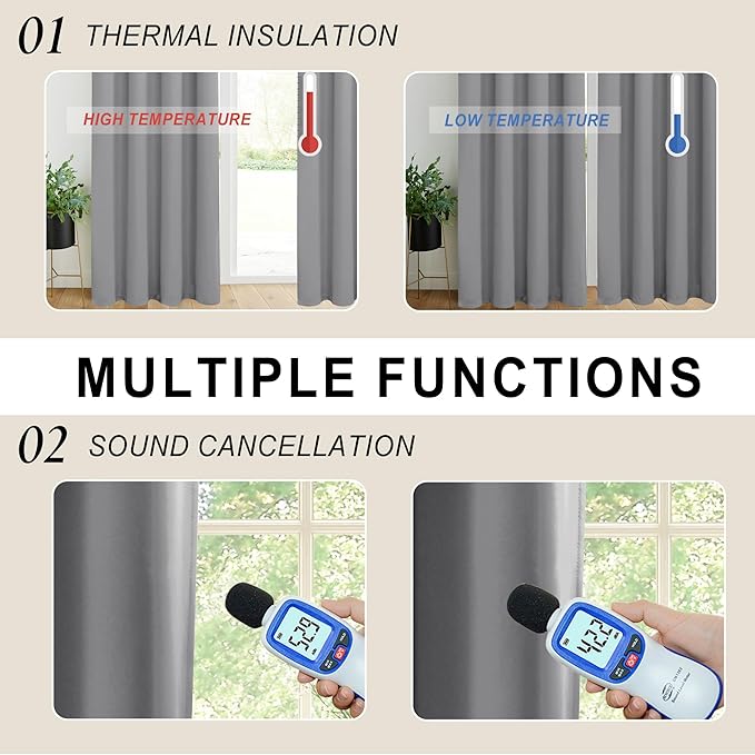 XWZO Full Shading Blackout Curtains with Tiebacks- Heat and Light Blocking Rod Pocket & Back Tab Window Drapes with Black Liner Backing for Bedroom/Kid's Room, Light Grey, W42 x L63, Set of 2 Panels