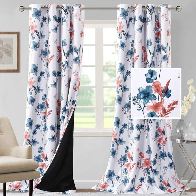 H.VERSAILTEX 100% Blackout Curtains 108 inch Length 2 Panels Set Cattleya Floral Printed Drapes Leah Floral Thermal Curtains for Bedroom with Black Liner Sound Proof Curtains, Stone Blue and Coral