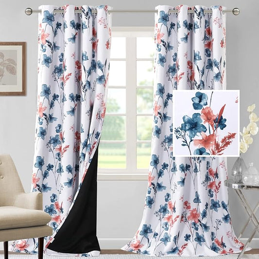 H.VERSAILTEX 100% Blackout Curtains 108 inch Length 2 Panels Set Cattleya Floral Printed Drapes Leah Floral Thermal Curtains for Bedroom with Black Liner Sound Proof Curtains, Stone Blue and Coral