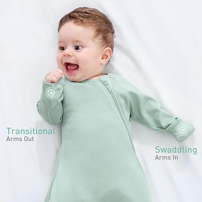 Baby Transitional Swaddle Sack Arms Up Length Sleeves Mitten Cuffs 2 Pack 3-6 Months, Soft Cotton Wearable Sleeping Bag Swaddling Blanket for Boys Girls Sleep Sacks Snug Fit Calms Startle Reflex