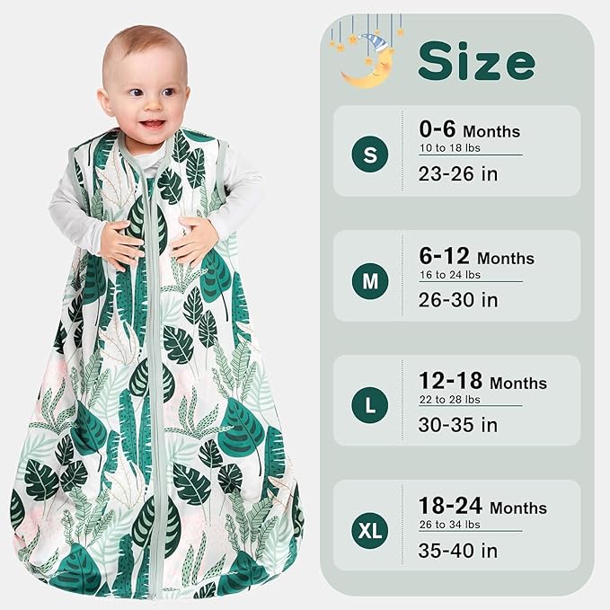 BSTOPPT 3 Pack Baby Sleep Sack 18-24 Months 100% Rayon Cotton Baby Sleeping Bag 2-Way Zipper Toddler Wearable Blankets Comfy Stretchy Lightweight TOG 0.3 （Banana&leaf&green）