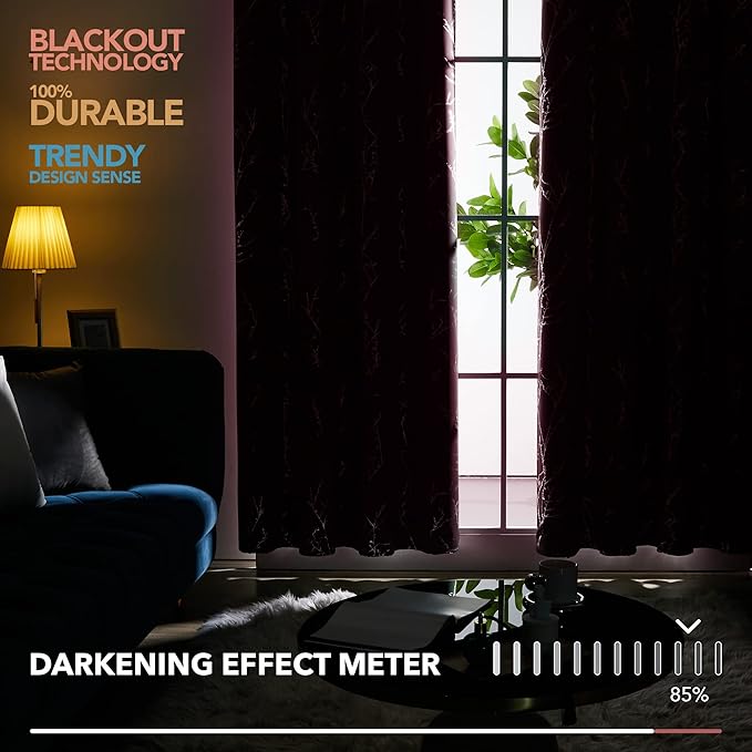 Deconovo Blackout Curtain, Purple Curtains, Thermal Insulated Soundproof Grommet Drapes, Silver Tree Foil Print, 42 x 84 Inch, 2 Panels, Machine Washable Window Panel for Living Room Bedroom Office