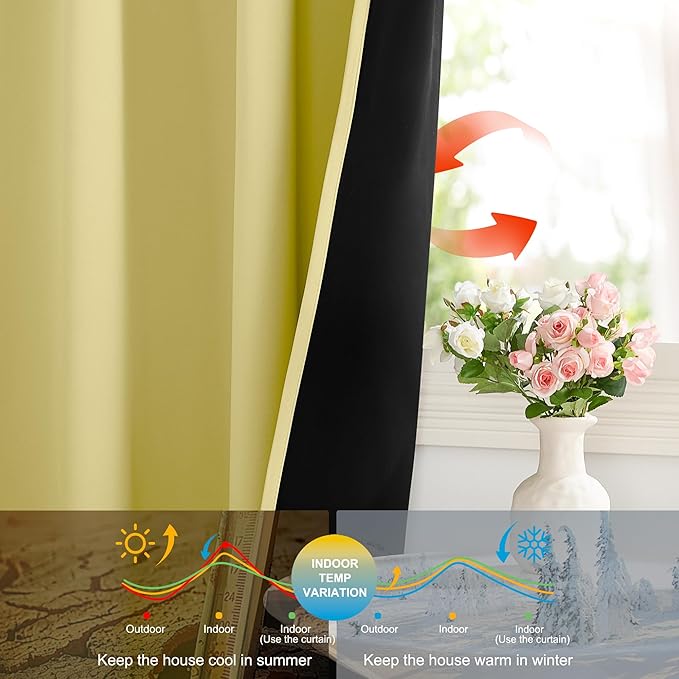 NICETOWN Paler Yellow 100% Blackout Curtains, 2 Panels 52x84 Inches for Living Room & Bedroom Drapes with Rod Pocket Back Tab, Energy Efficient Noise Reducing Thermal Insulated Window Treatments