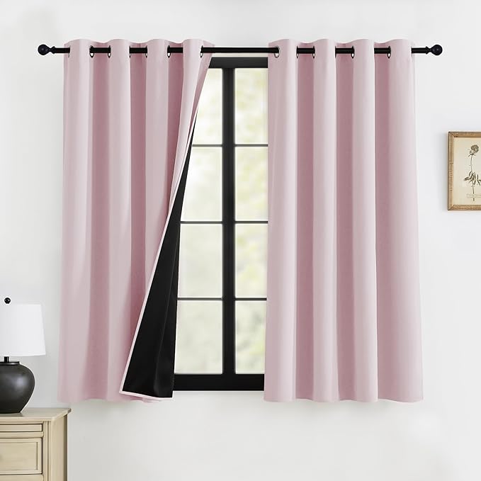 RYB HOME Pink Blackout Curtains for Girls Bedroom, 2 Panels 100% Blackout Thermal Insulated Noise Reducing Window Drapes for Kids Baby Room, 52 inches Wide by 63 inches Long, Baby Pink