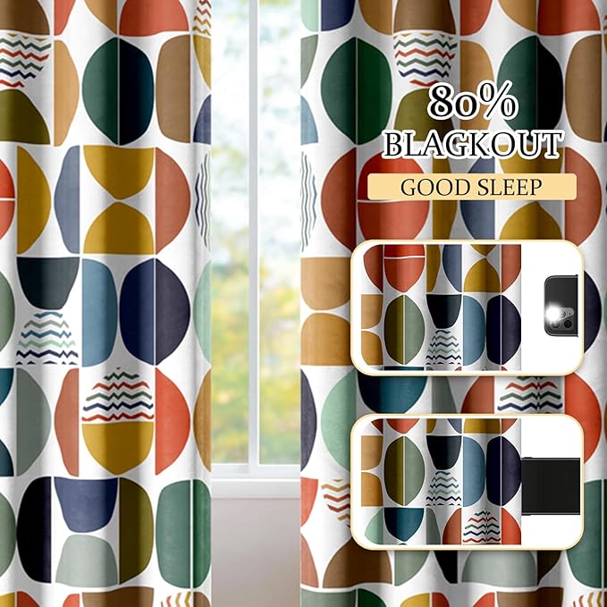 Mid Century Modern Abstract Blackout Curtains, Boho Colorful Geometric Circle Pattern Window Drapes，Living Room Bedroom Decor 2 Panels 52x84 Inch