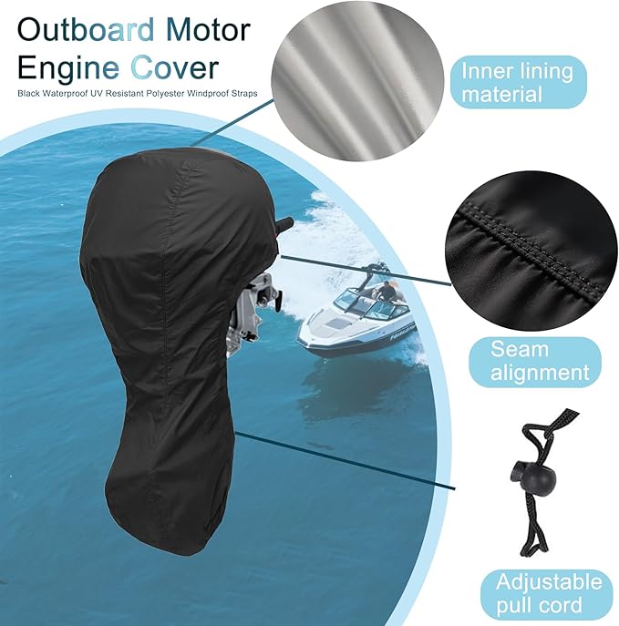 Waterproof Outboard Boat Motor Cover for 30-60HP，70.8 inch C * 56.6 inch H, Heavy Duty, Fade-Resistant, Universal Fit Engine Protection