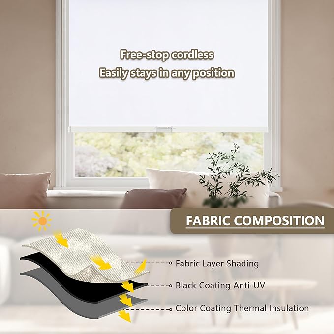 Cordless Blackout Roller Shades Blinds for Windows Free-Stop,Pull Down Room Darkening with Valance,Thermal Insulated Woven Fabric Window Door Blinds for Home,Office,White 26" W x 72" L