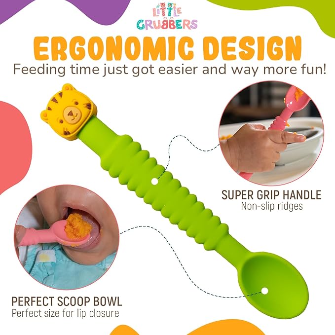 Little Grubbers 3-in-1 Silicone Baby Spoon Self Feeding 6+ Months - Pediatric OT Designed Teether Spoon, BPA Free Toddler Utensils, Mess-Free, Fun for Baby Led Weaning Supplies, Dog & Cow