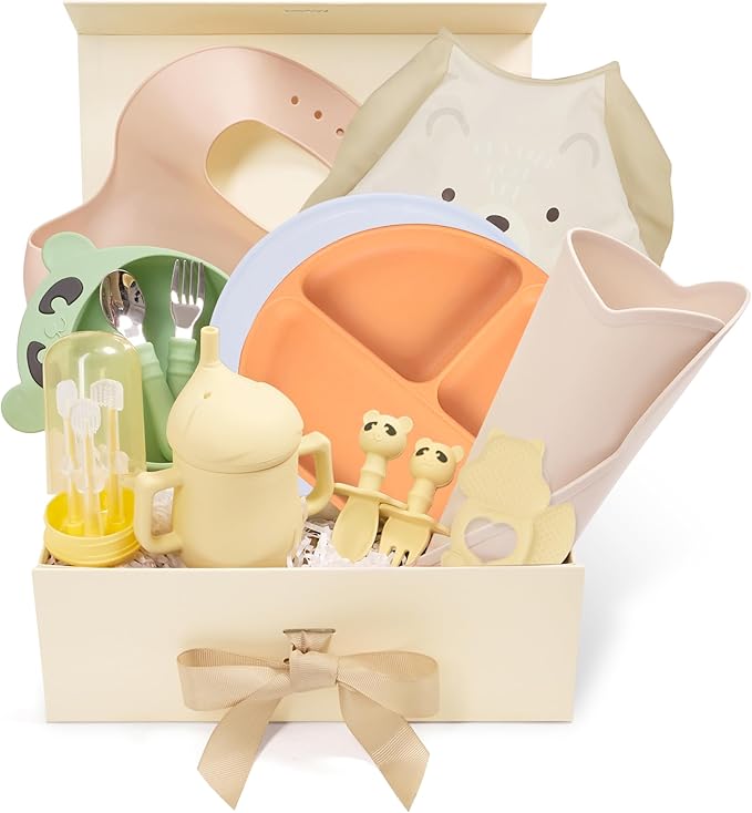 Baby Utensils Set–Infant Feeding Essentials&Baby Plate Set–Deluxe Silicone Feeding Mat,Long Sleeve Bibs,Training Cup,Spoon&Fork,Stainless Steel Set,Teethers,Toothbrush Kit – in Gift Box for Newborns