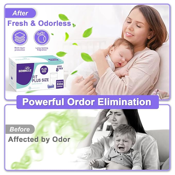 Diaper Pail Refill Bags Compatible with Dekor Plus Diaper Pail Refills 8 Pack Extra 12% Length,Holds up to 5336 Diapers,Extra 30% Thickness Powerful Odor Eliminate Lavender Scent for Baby/Adult