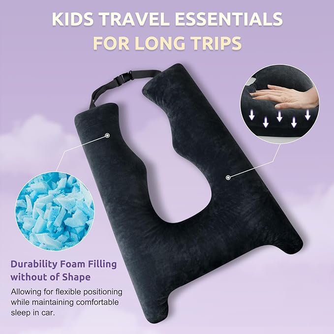 Car Pillow for Kids Travel Pillow with Adjustable Strap, Kids Floor Pillows Cushions for Adults and Children to Support Head and Body Road Trip Essentials (Dark Black)