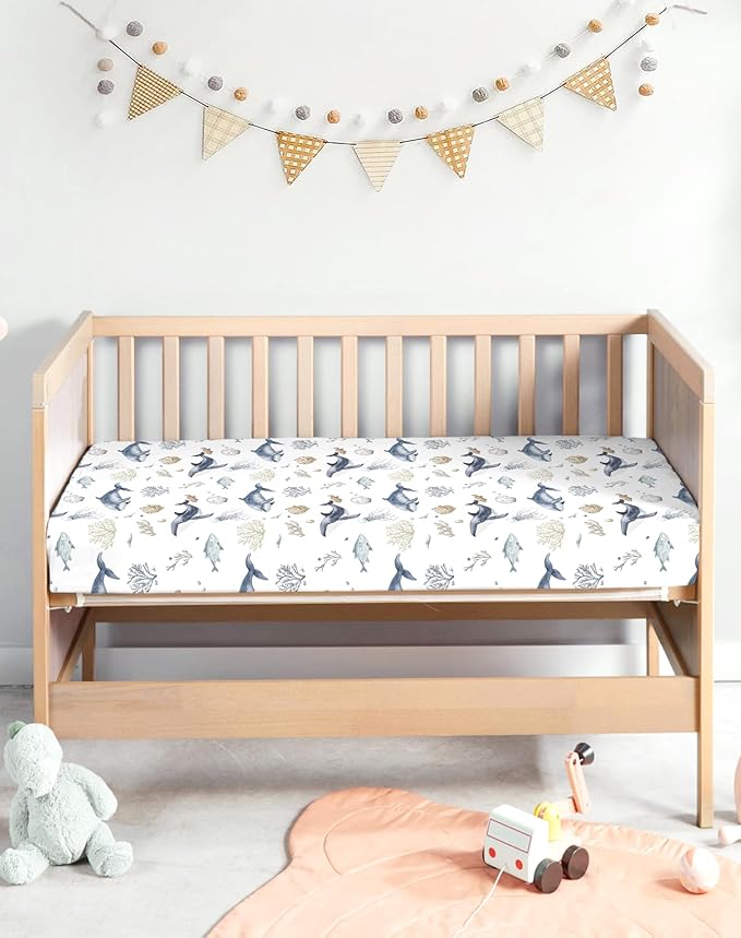 Crib Sheets for Boys and Girls, 2 Pack Fitted Baby Sheets for Standard Toddler Mattress 28" x 52", Soft Breathable Jersey Knit Baby Bedding (Turtle & Shark)