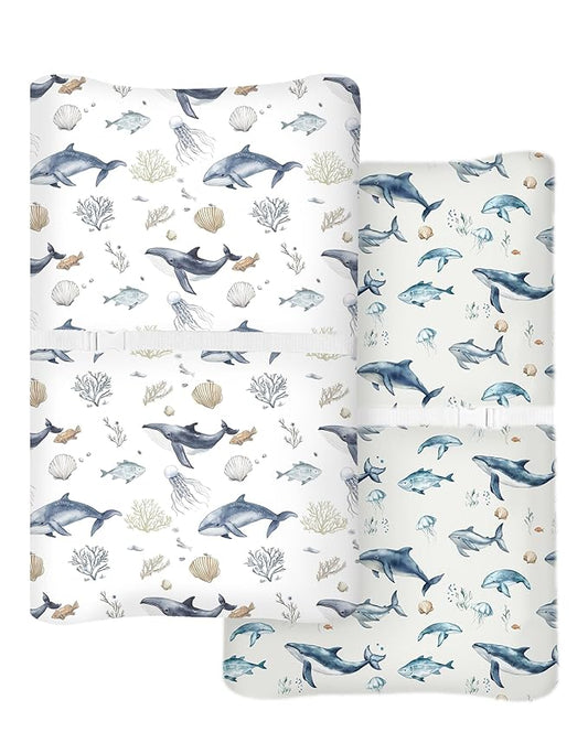 Changing Pad Cover for Baby Boys Girls 2 Pack, Fits Standard 32”×16” Changing Table Pads, Silky Breathable Stretch Knit, Machine Washable (Aquatic Adventures)