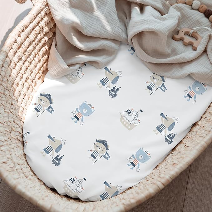 Bassinet Fitted Sheets, 3 Pack Baby Boy and Girl, Soft Breathable Stretchy Baby Pad/Mattress Sheet Set, Universal Fit for Hourglass Oval and Rectangle Bassinet Mattress（Blue Whale Ocean）