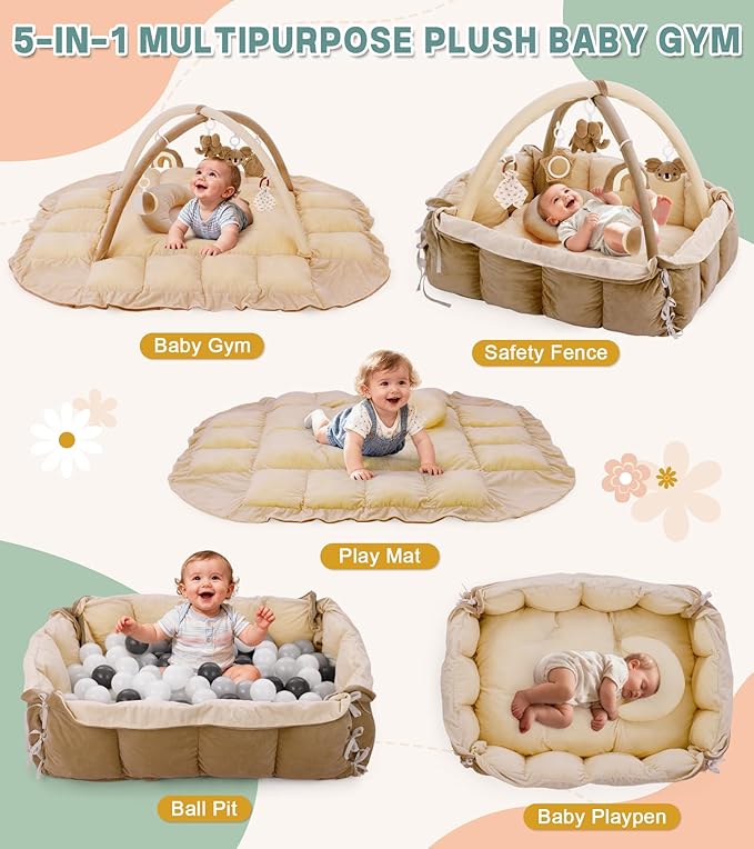 5-in-1 Baby Play Gym and Tummy Time Mat, Tummy Time Pillow & 12 Learning Cards, Plush Activity Mat with 6 Toys, Baby Gym, Convertible to Ball Pit, Baby Gift, Brown