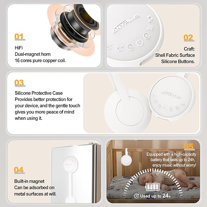 White Noise Sound Machine for Sleeping Adults & Baby, Portable Noise Machine with 24 Soothing Sounds, Bluetooth 5.1, Battery Powered, 3 Timer Settings, Memory Function for Home, Office, Travel (White)