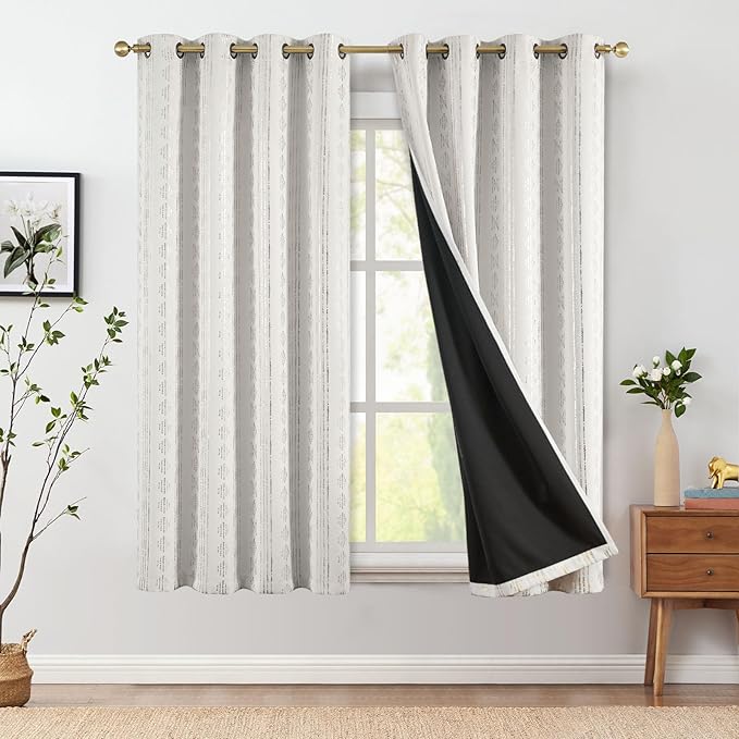 jinchan 95% Blackout Boho Curtains 63 Inch Length for Bedroom Living Room Silver Geometric Foil Printed Grommet Top Room Darkening Thermal Insulated Window Drapes Off White 52x63 2 Panels