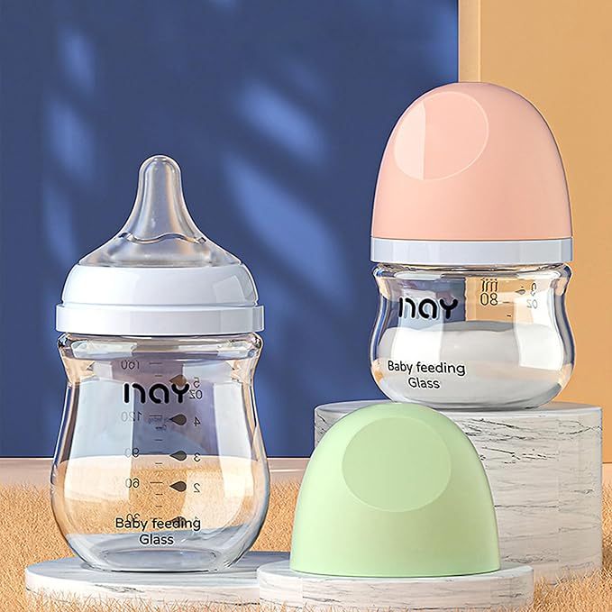yanyoyo Natural Glass Baby Bottle Wide Neck, Anti-Colic Baby Bottle, Clear, 5.4oz(Pack of 4), Includes 4Pcs Natural Response Nipple(S), 1 Months+