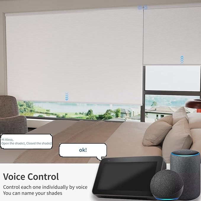 MYshade Motorized Cellular Shades - Smart Blinds Compatible with Alexa/Google Home/SmartThings, 100% Blackout Rechargeable Cordless Honeycomb Blinds, Custom-Size Auto Shades for Windows (White)