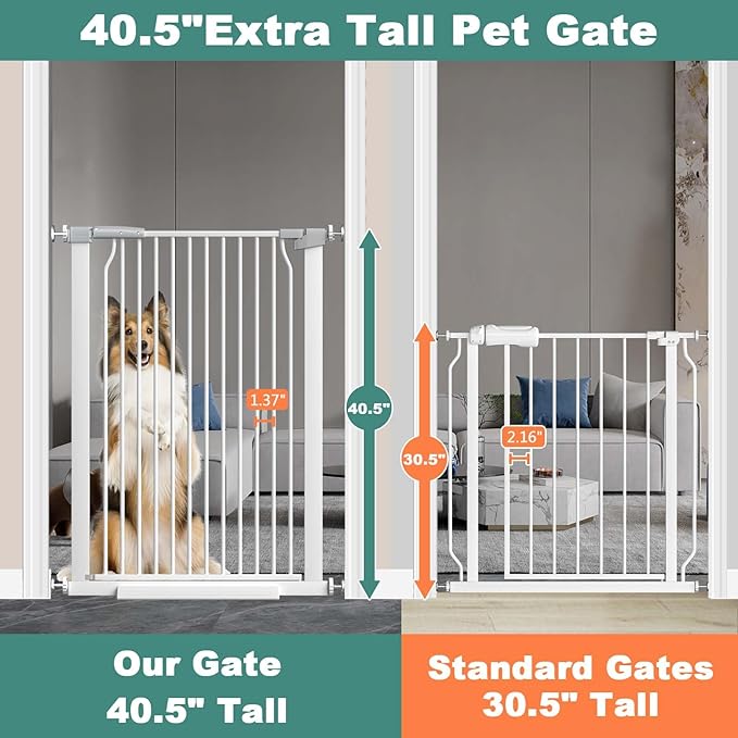 40.5" Extra Tall Baby Gate Pressure Mounted, 65.8"-68.5" Extra Wide Dog Pet Gate Indoor for Doorway, Metal Long Safety Child Gate, Auto Close Swinging Baby Gate for Kids Stairs, White