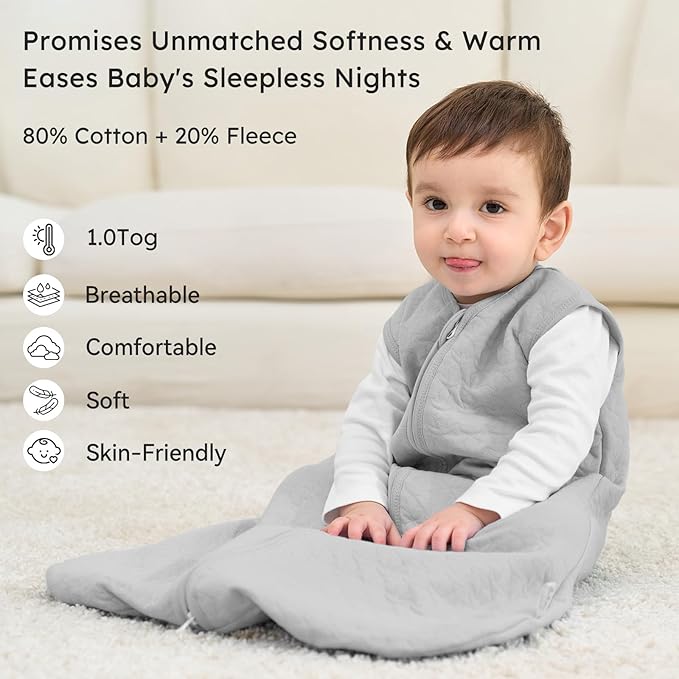 Unnivoll Baby Sleep Sack 12-18 Months 1.0 Tog Baby Wearable Blanket Cotton Sleeping Sack Quilted Baby Sleep Bag with 2-Way Zipper for Toddler Infant Grey