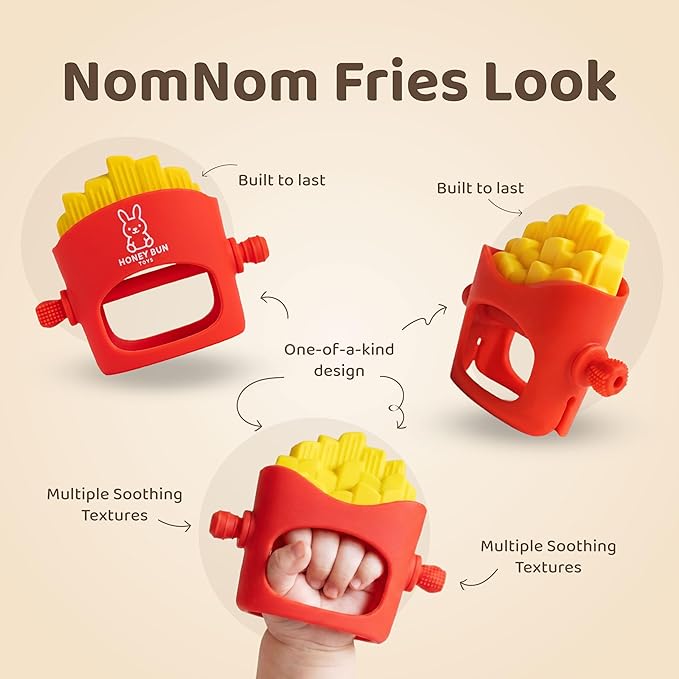 NomNom Fries Baby Teether Toy - Safe and Certified, Parent-Designed, BPA-Free, Food-Grade Silicone, Anti Dropping Teething Mitten, Multiple Texture