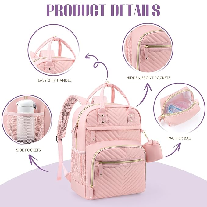 Tuwubi Diaper Bag Backpack, Baby Essentials Travel Tote Bag, Multi function Waterproof Backpacks, Travel Essentials with Stroller Straps & Pacifier Case - Light Pink