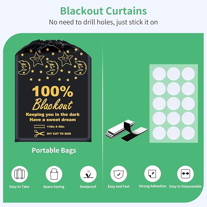 100% Blackout Blind Curtains Window Cover [XXL Size 118"x 59" ] [DIY Cut to Any Size or Shape] [Hook&Loop Tabs][Portable Bags for Travel ] [Light & UV Blocking ] for House,Baby Nursery,Apartment