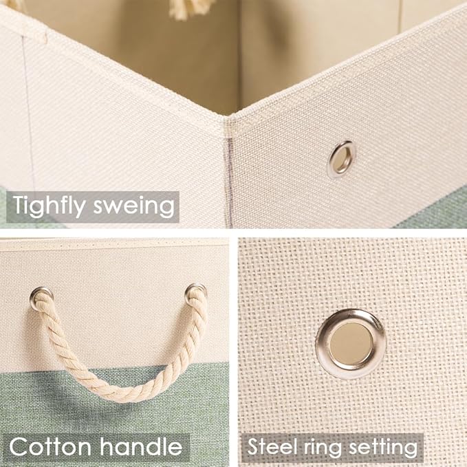 PRANDOM Large Foldable Cube Storage Bins 13x13 inch [4-Pack] Fabric Linen Storage Baskets Cubes Drawer with Cotton Handles Organizer for Shelves Nursery Closet Bedroom Beige/Green