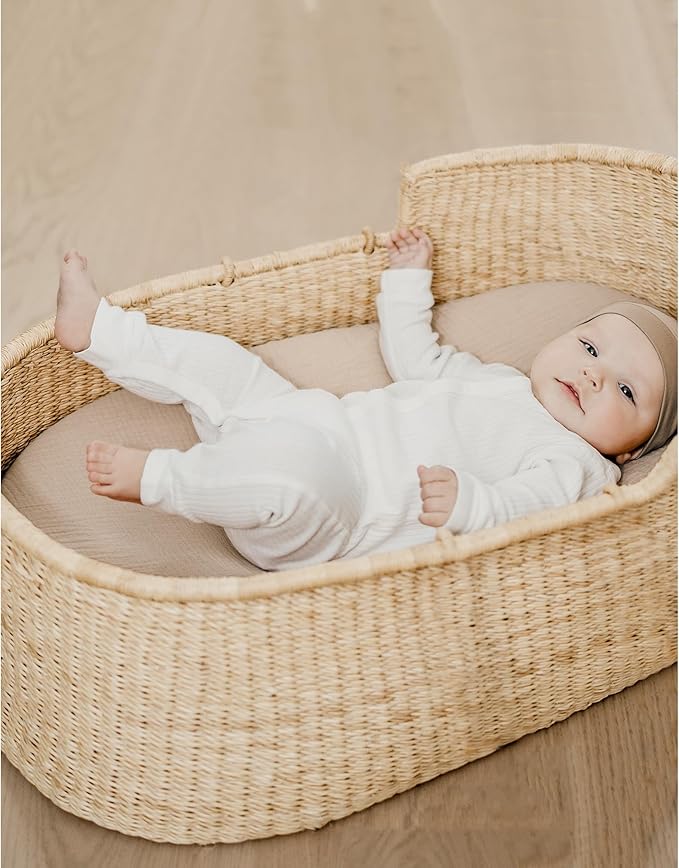 Konssy 2 Pack Muslin Fitted Bassinet Sheets for Girl Boy, Soft Breathable Baby Bassinet Sheets Fit for Baby Bassinets, Cradle, Moses Basket Oval Rectangle Pad/Mattress (Pink,Summer Wheat)