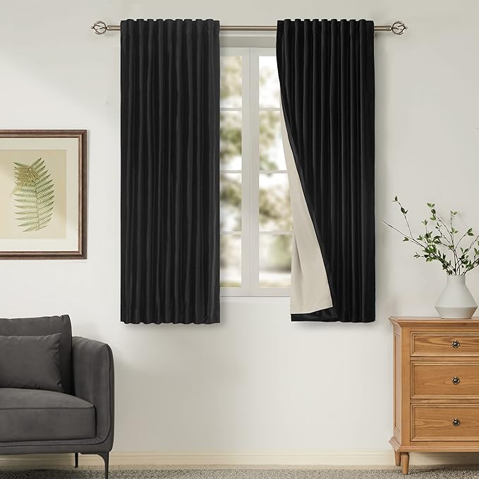 Black Blackout Plush Velvet Curtains 63 inch Long for Bedroom,Set of 2 Panels Liner Rod Pocket Back Tab Thermal Window Curtains Drapes Room Darkening Heavy Decorative Curtains for living room