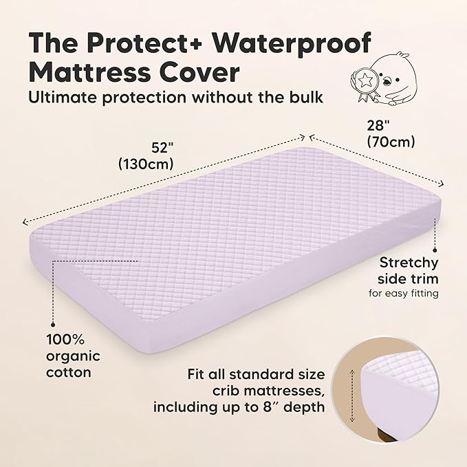 2-Pack Waterproof Crib Mattress Protector Cover Fitted - Quiet Baby Crib Mattress Pad Sheets, 52" x 28" Soft Quilted Cotton Baby Sheet, Machine Washable, Easy Fit, Durable (Lilac/Quin)