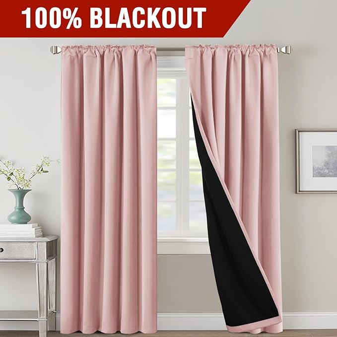 H.VERSAILTEX 100% Blackout Curtains for Bedroom with Black Liner Full Room Darkening Curtains 96 Inch Long Thermal Insulated Back Tab/Rod Pocket Window Drapes for Living Room, 2 Panels, Baby Pink