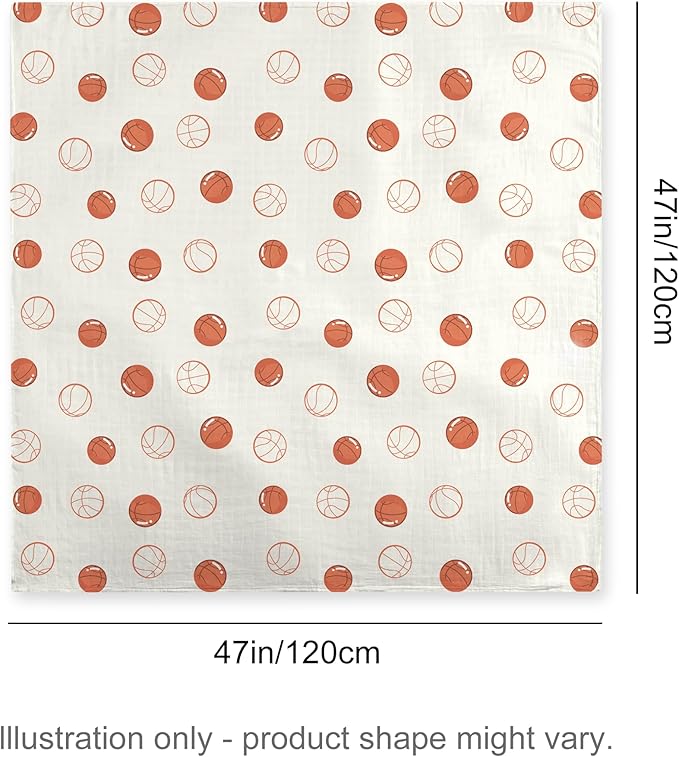 70% Rayon Made from Bamboo 30% Cotton Muslin Swaddle Blanket, 47 x 47 Inches, Basketball Print Baby Receiving Blanket, Soft and Breathable, Unisex, 2 Pack