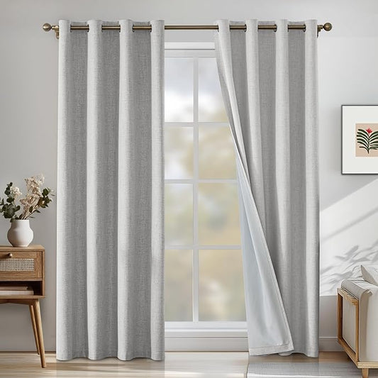 Linen 100% Blackout Curtains for Bedroom, Black Out Curtains 96 Inch Long, Room Darkening Curtains for Living Room, Long Curtain Grommets Drapes, Thermal Curtains (2 Panels, Greyish White)