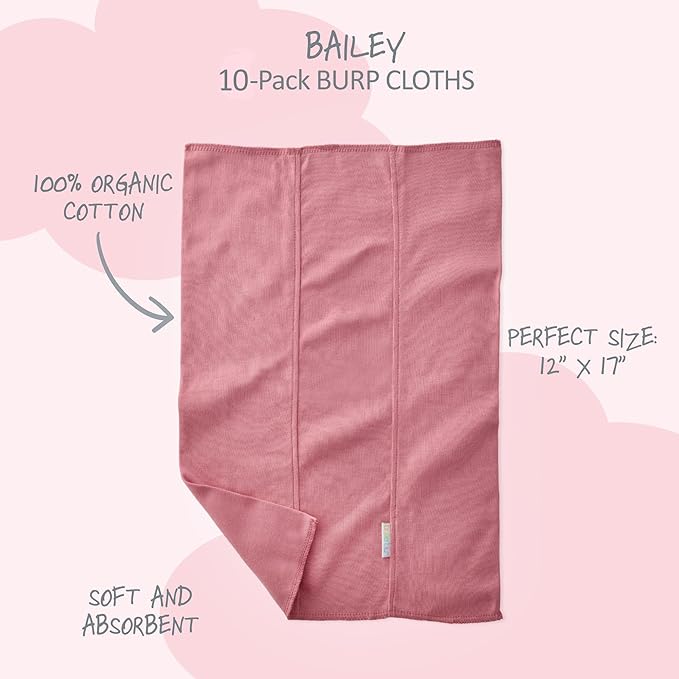 Butterblu Bailey 10-Pack Burp Cloths 100% Organic Cotton Knit for Newborn & Baby Boys & Girls, Sunny Pink Rainbow, One Size