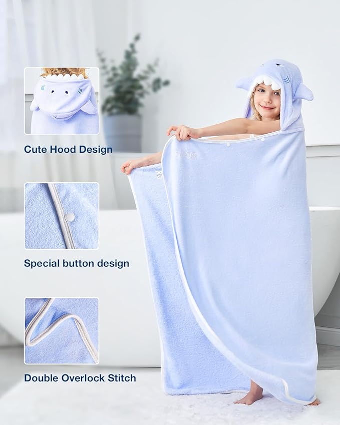 ZIONOR Hooded Bath Towel for Kids - 50''L x 35''W Extra-Large Hooded Towels for Big Kids 6-10, Kids Beach Towels Made from Bamboo Rayon, Suitable for Bath, Pool, Beach(Purple Shark)