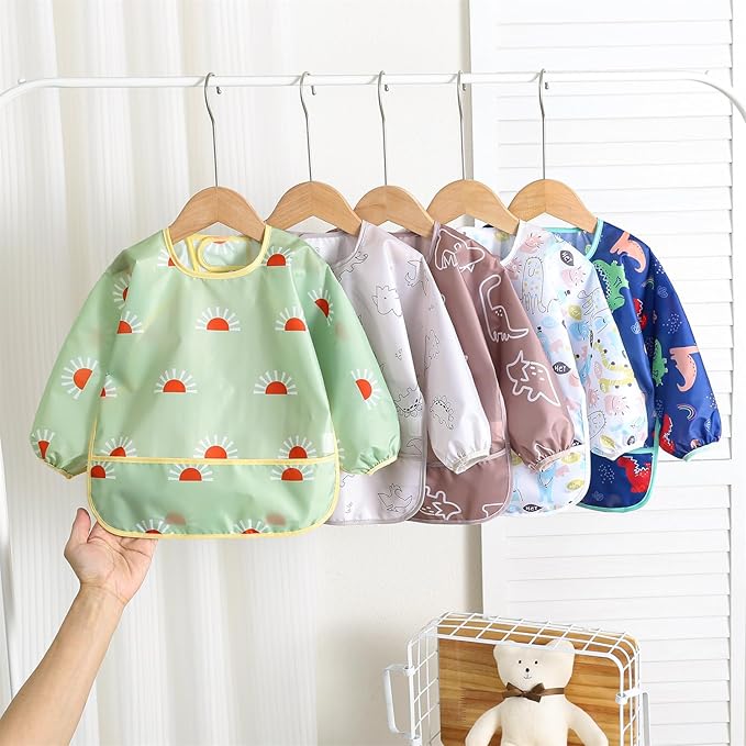 Hafftnun Long Sleeved Bibs,5 PCS Waterproof Wearable Bibs with Sleeves,Baby Feeding Smock 6-30 Months